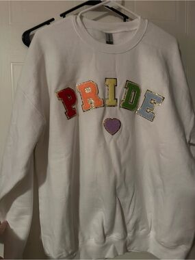 Gildan White "PRIDE" Appliqué Sweatshirt with Rainbow Letters